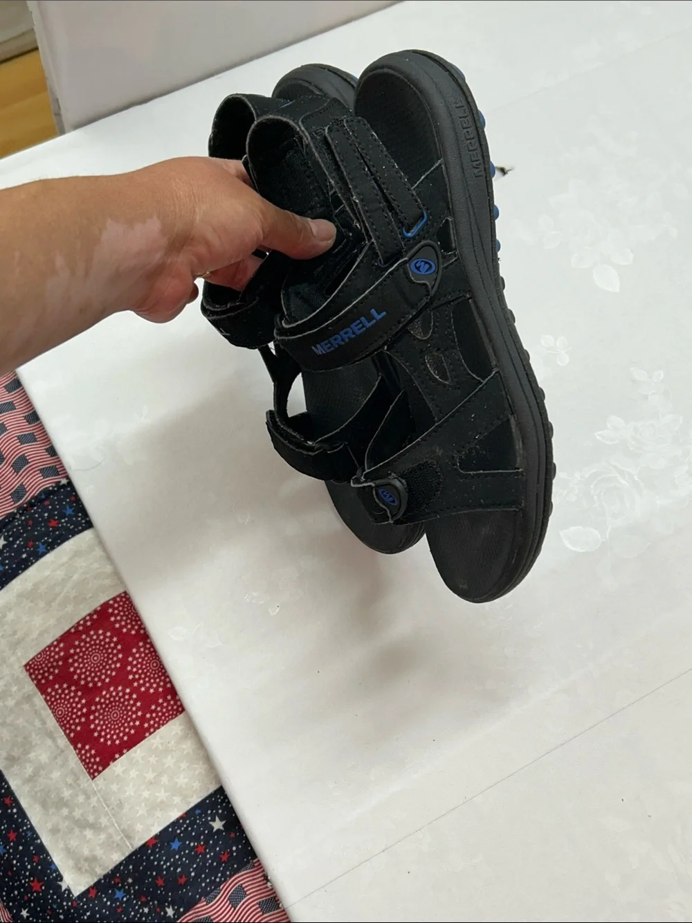 Merrell Black Sandals with Blue Logo Accents